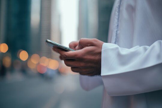 Close up of an Arab man s hand with a smartphone Tech theme