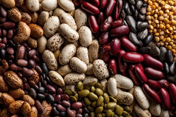 Obraz premium Close up of assorted dried beans suitable as a background for bean soup