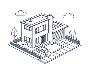 Isometric residential house with car garage and garden minimalist architecture line art illustration for real estate property investment concept and modern family lifestyle