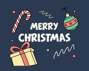 Festive Merry Christmas Illustration with Candy Cane Gift Box and Ornament on Blue Background Ideal for Holiday Greeting Cards and Social Media