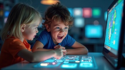 Excited children engaging with interactive tablet learning game in tech classroom