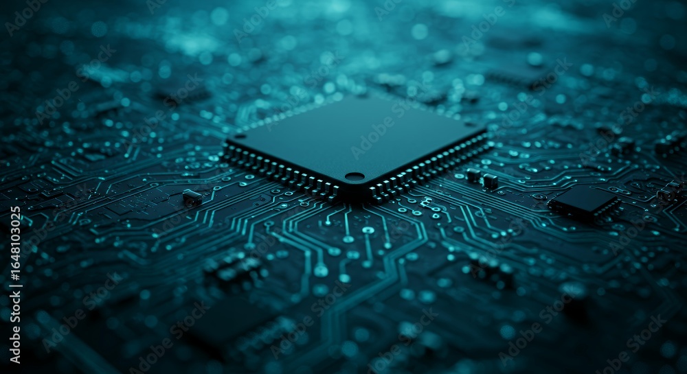 Poster detailed view of electronic circuit board with microchip and glowing blue connections, modern techno