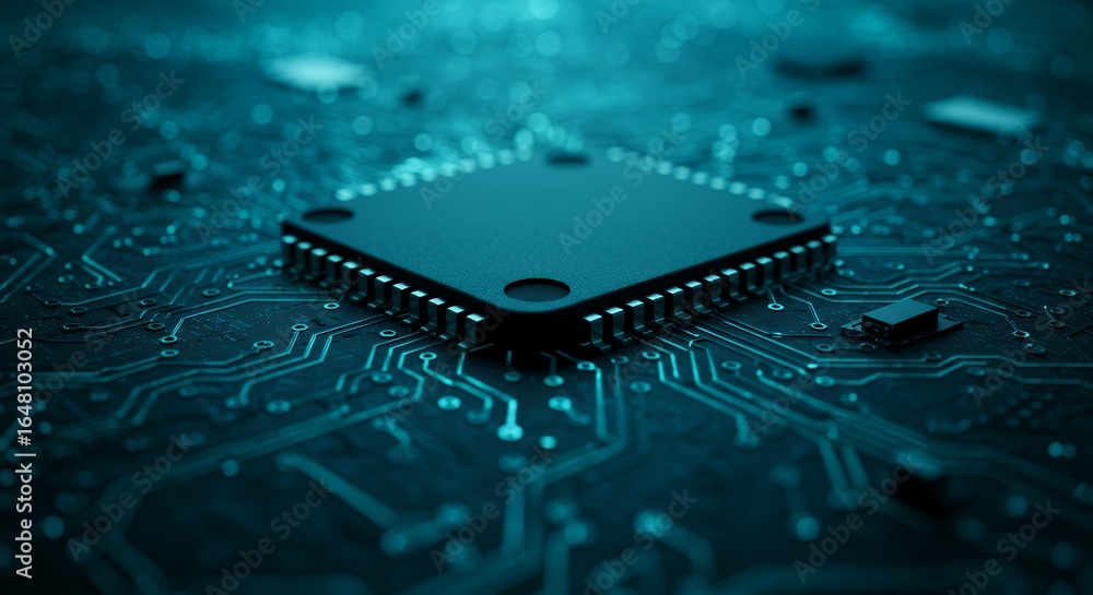 Poster close-up view of cpu processor chip on printed circuit board showing detailed electronic connections