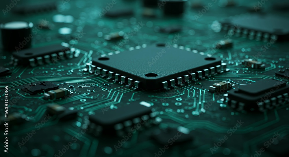 Poster advanced microprocessor chip mounted on green circuit board with visible electronic traces and compo