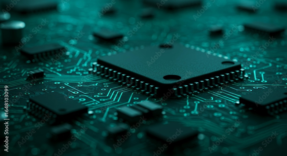 Fototapete detailed macro shot of computer chip processor on circuit board showing intricate electronic pathway
