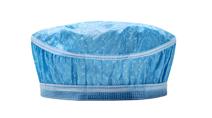 A light blue bouffant cap with a white trim band on a black background in a studio setting