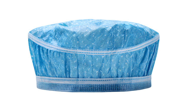 A light blue bouffant cap with a white trim band on a black background in a studio setting