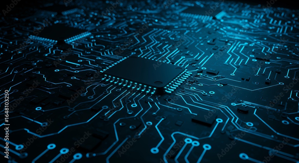 Fototapete blue-lit computer motherboard with central processing unit and circuit pathways, high-tech electroni