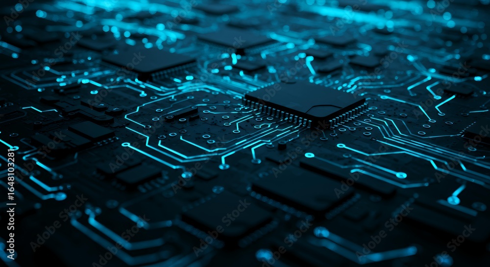 Poster atmospheric blue-tinted circuit board landscape showing multiple microprocessors and electronic conn