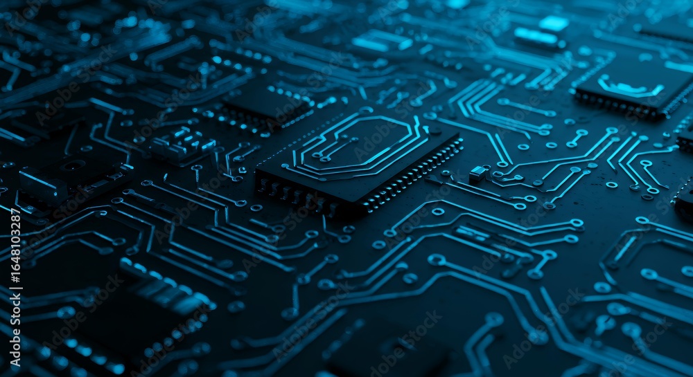 Poster detailed blue-illuminated circuit board with hexagonal microchip and complex electronic pathways for