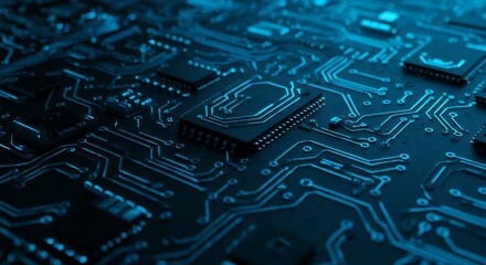 Detailed blue-illuminated circuit board with hexagonal microchip and complex electronic pathways for technology and innovation themes