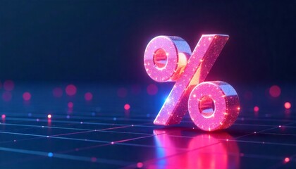 Close-up of a glowing 3D pink glitter percent sign on a futuristic digital grid with blue and pink neon lights
