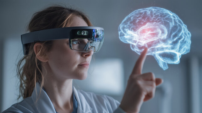 Woman in lab coat using augmented reality headset to view a brain hologram