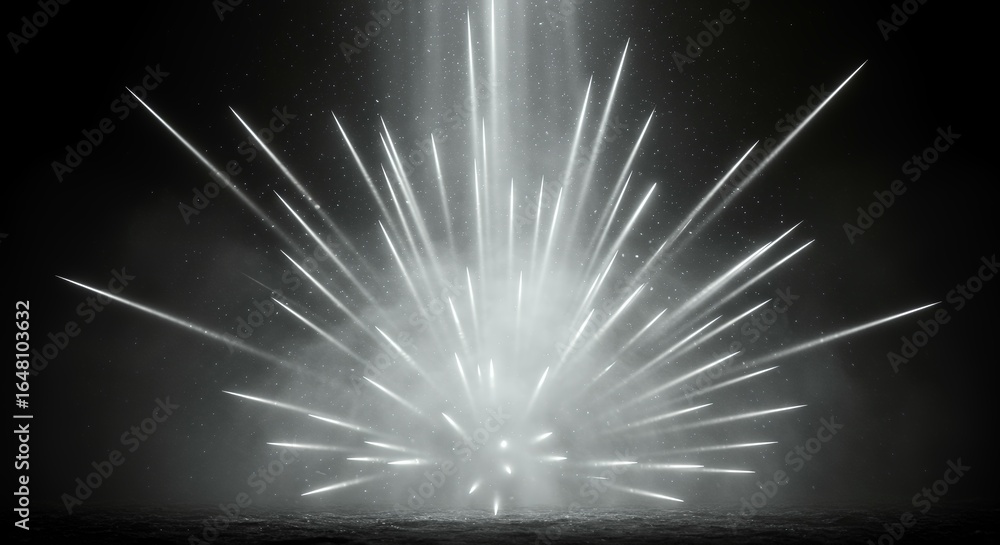 Poster dramatic white light explosion with sharp radiating beams creating powerful starburst effect on dark