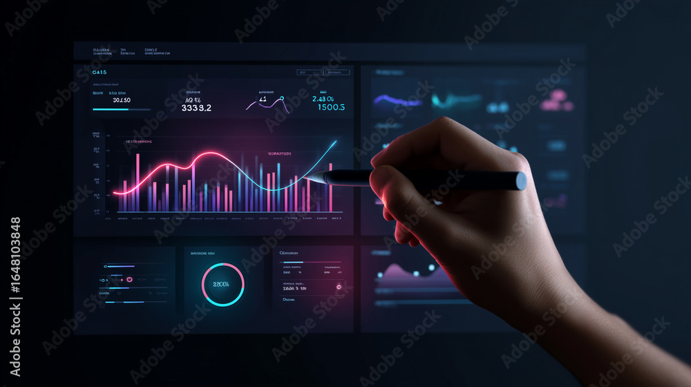 Poster a hand using a stylus on a digital dashboard with graphs and data displays
