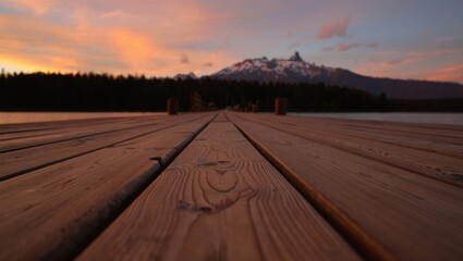 Low-angle close-up of a wooden pier leading towards a calm lake and snow-capped mountains during a colorful sunset
