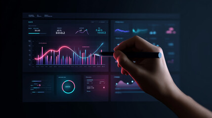 Hand interacting with futuristic data dashboard on screen