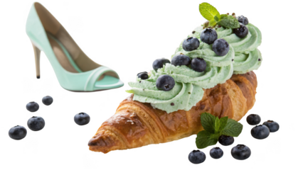 Creative pastry art featuring a croissant filled with mint cream and blueberries topped with a mint leaf and a high heel shoe isolated on transparent background