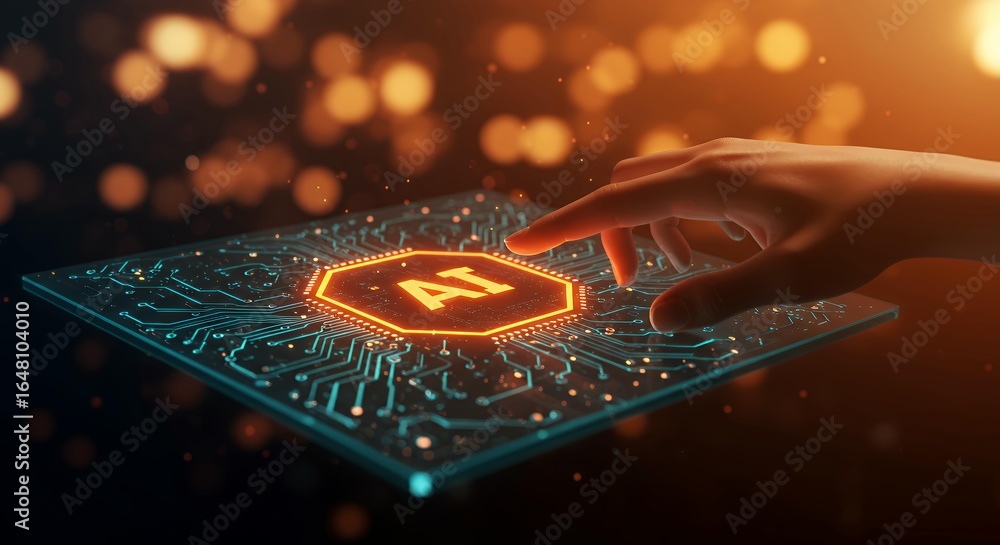 Poster single hand interacting with ai artificial intelligence chip interface on futuristic holographic tab