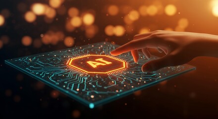 Single hand interacting with AI artificial intelligence chip interface on futuristic holographic tablet with circuit board design