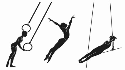 Silhouette of female gymnasts performing on rings, trapeze, and aerial silks in various poses created with generated ai