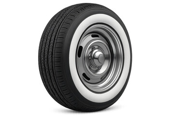 Classic car tire with whitewall and chrome rim on transparent background