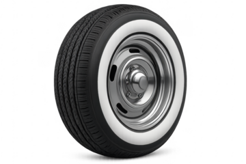Classic car tire with whitewall and chrome rim on transparent background