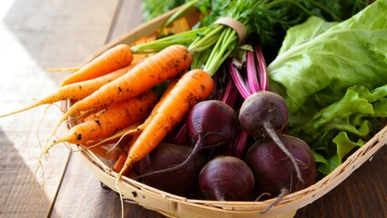 Close-up of freshly harvested organic carrots and beets with green tops in a wicker basket on a rustic wooden table under natural sunlight
