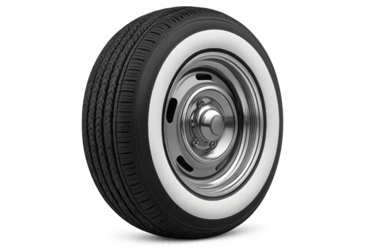 Classic car tire with whitewall and chrome rim on transparent background