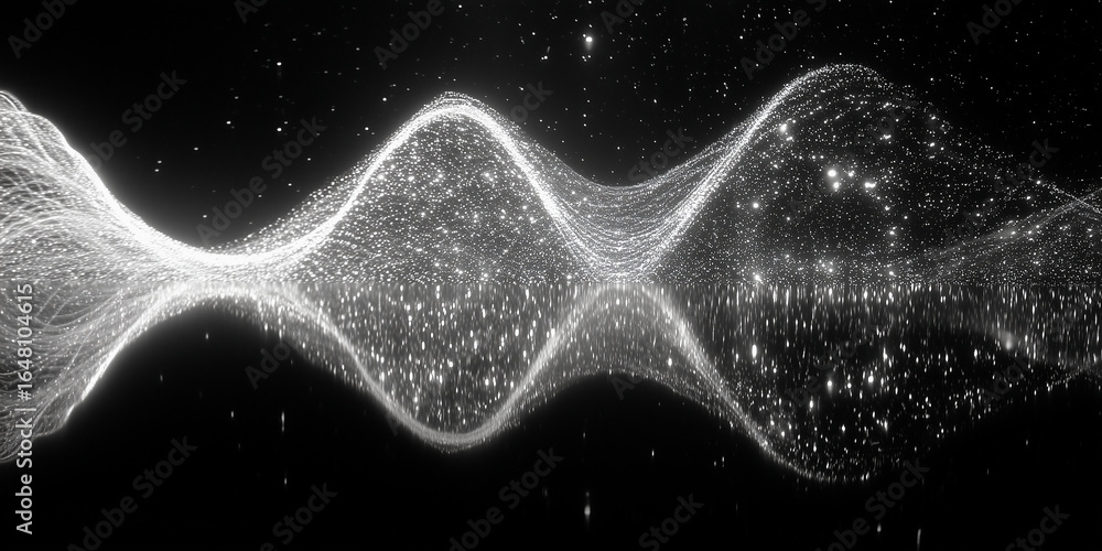 Poster abstract monochrome wave pattern with sparkling particles and reflection