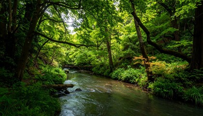 Serene Forest Stream Flowing Through Lush Green Canopy