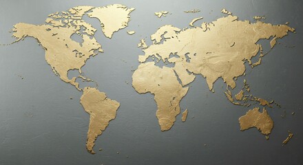 Premium gold world map silhouette on silver metallic background for corporate boardrooms and international finance presentations