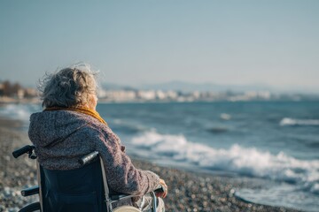 Fototapeta premium Elderly woman in a wheelchair by the ocean