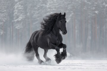 Elegant Friesian horse with flowing mane galloping through winter snow