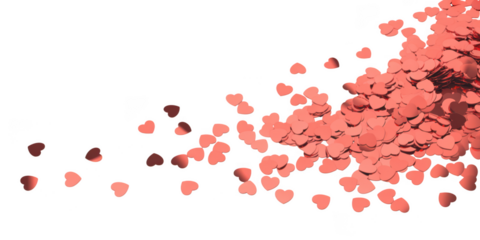 Pink heart shaped confetti scattered across a dark background isolated on transparent background