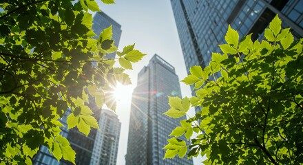 Green leaves and modern skyscrapers view from below with bright sunlight creating sustainable urban environment and eco-friendly architecture