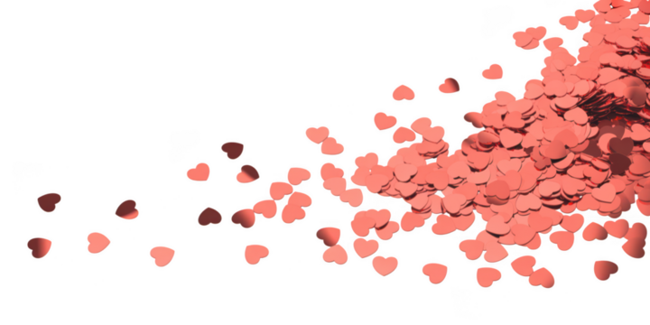 Pink heart shaped confetti scattered across a dark background isolated on transparent background