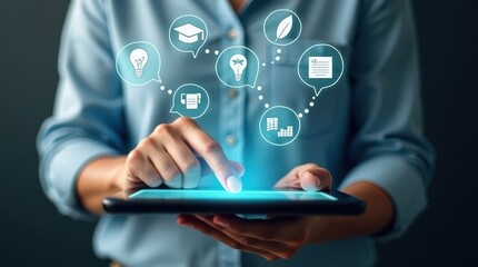 Digital learning concept: person engages with interactive icons on tablet