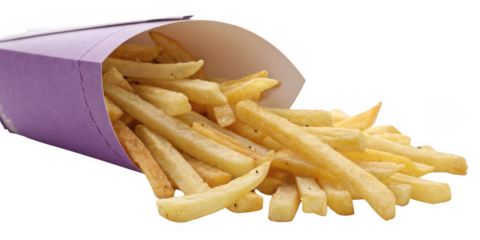 Crispy golden french fries spilling out of a purple paper container isolated on transparent background