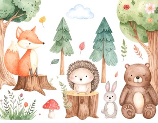 Cute watercolor forest animals and trees