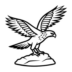 Obraz premium Falcon landing on a boulder with wings spread wide 