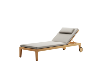 A modern lounge chair with a light gray cushion and wooden frame. The chair is adjustable and features wheels for easy movement. Transparent background.