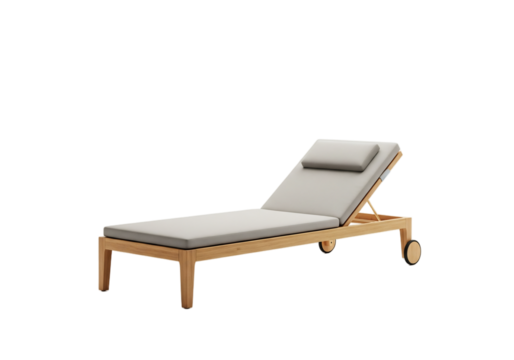 A modern lounge chair with a light gray cushion and wooden frame. The chair is adjustable and features wheels for easy movement. Transparent background.