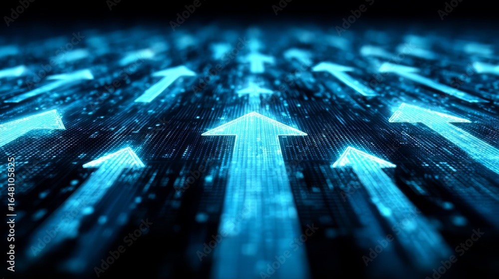 Poster blue background with many arrows pointing in different directions. the arrows are all pointing upwar