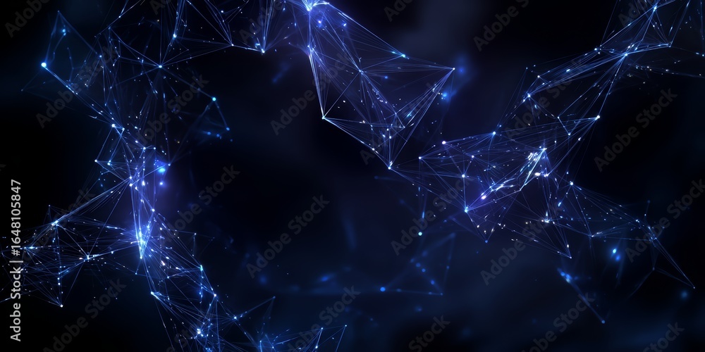 Poster Blue background with a lot of lines and dots. The lines and dots are connected to each other and form a pattern