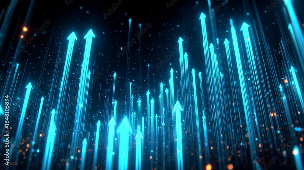 Poster blue sky with many arrows pointing upwards. the arrows are in different sizes and are scattered thro