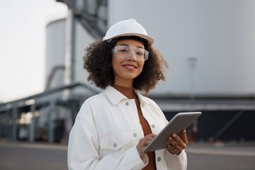 Young african female engineer in hard hat using tablet at industrial plant