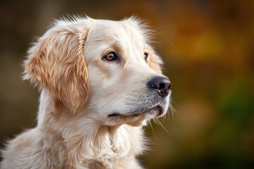 Golden Retriever dog set against a soft focus backdrop
