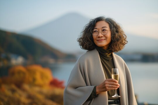 Mature asian woman enjoying autumn scenery with champagne near mountain lake - Powered by Adobe