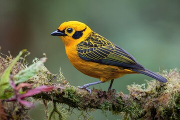 Fototapeta premium Golden tanager resides in Ecuador s endangered Chocó forest